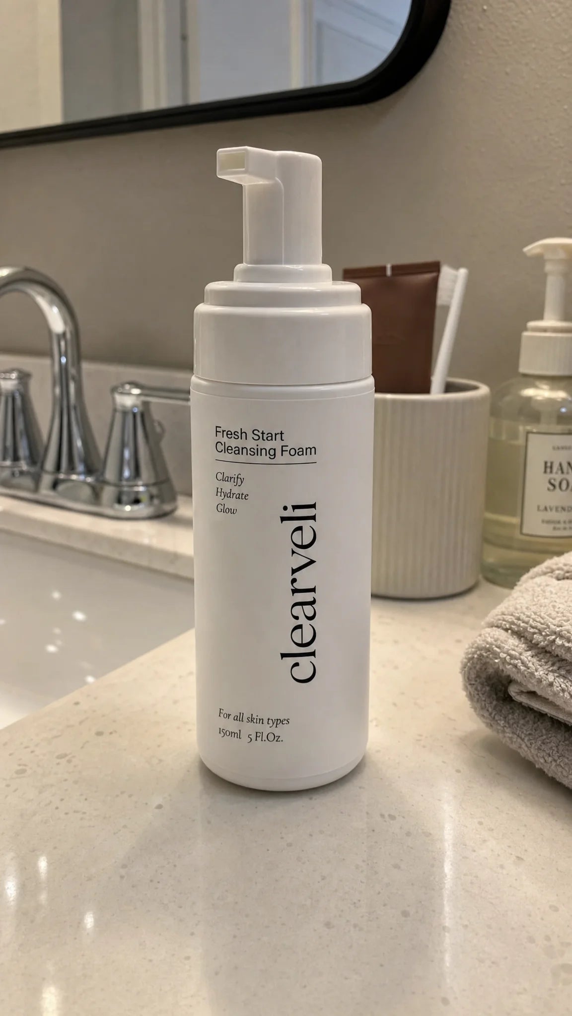 Clearveli Fresh Start Cleansing Foam in a clean bathroom setting