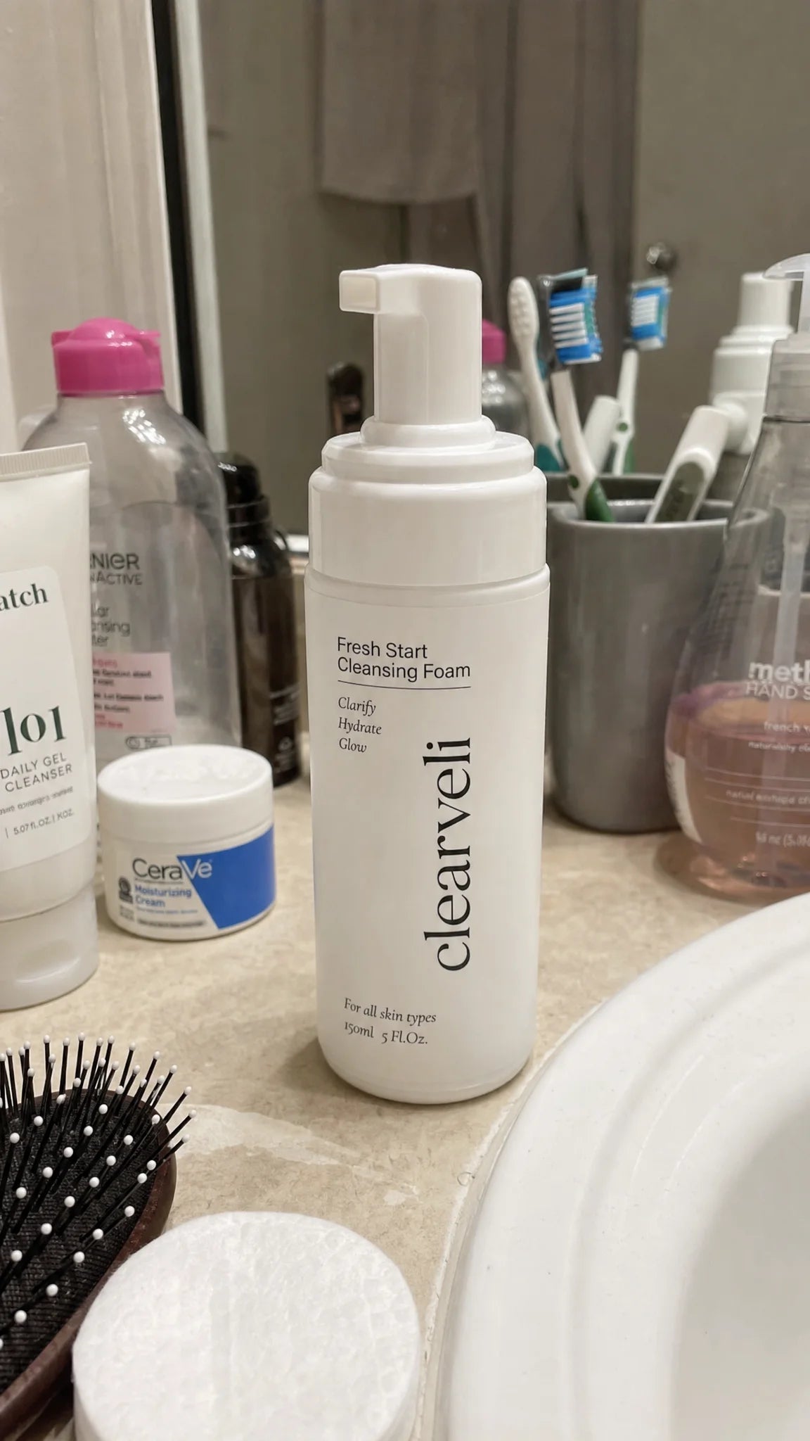 Clearveli Fresh Start Cleansing Foam on a bathroom counter