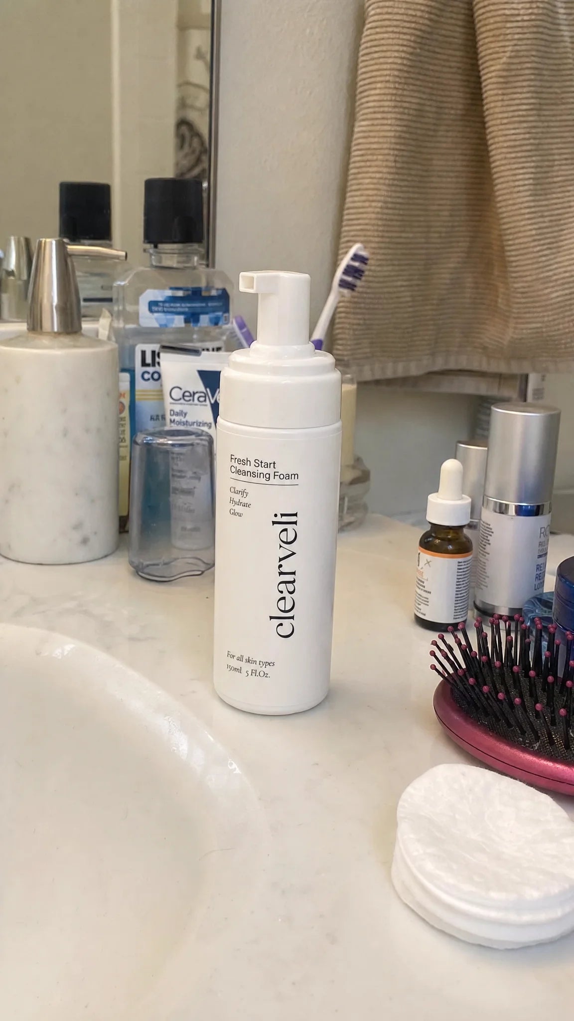 Clearveli Fresh Start Cleansing Foam in a lived-in bathroom routine