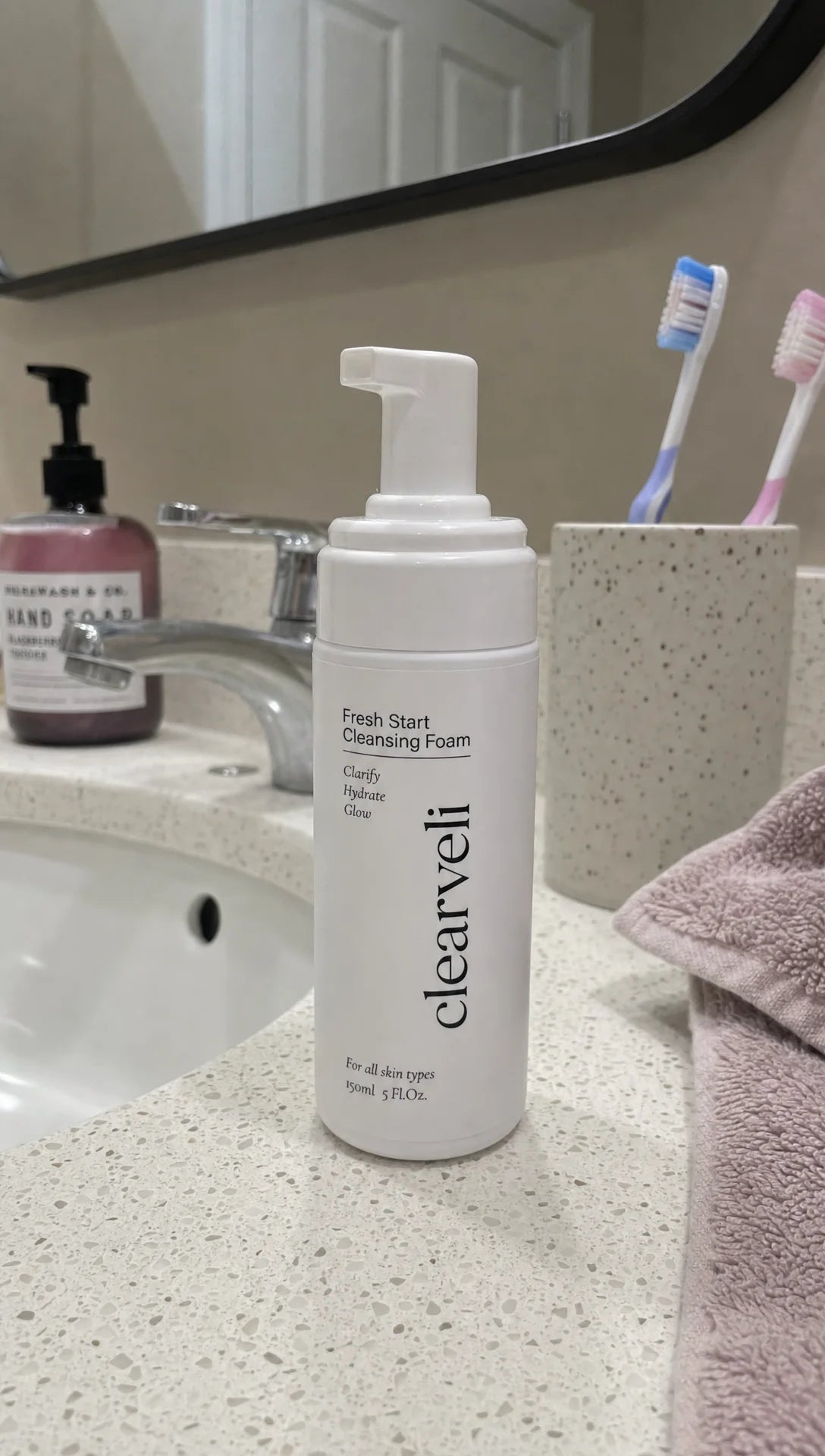 Clearveli Fresh Start Cleansing Foam styled in a bathroom scene