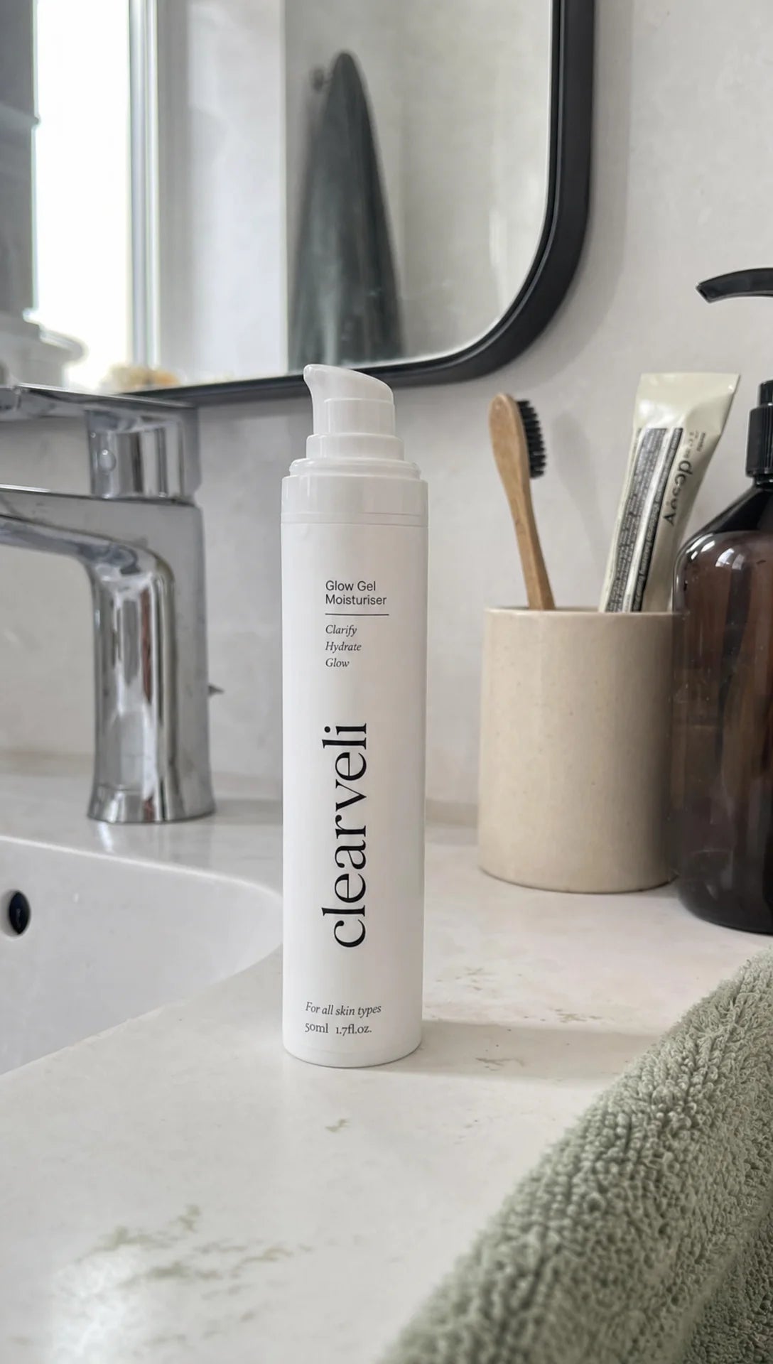 Clearveli Glow Gel Moisturiser in a clean bathroom setting