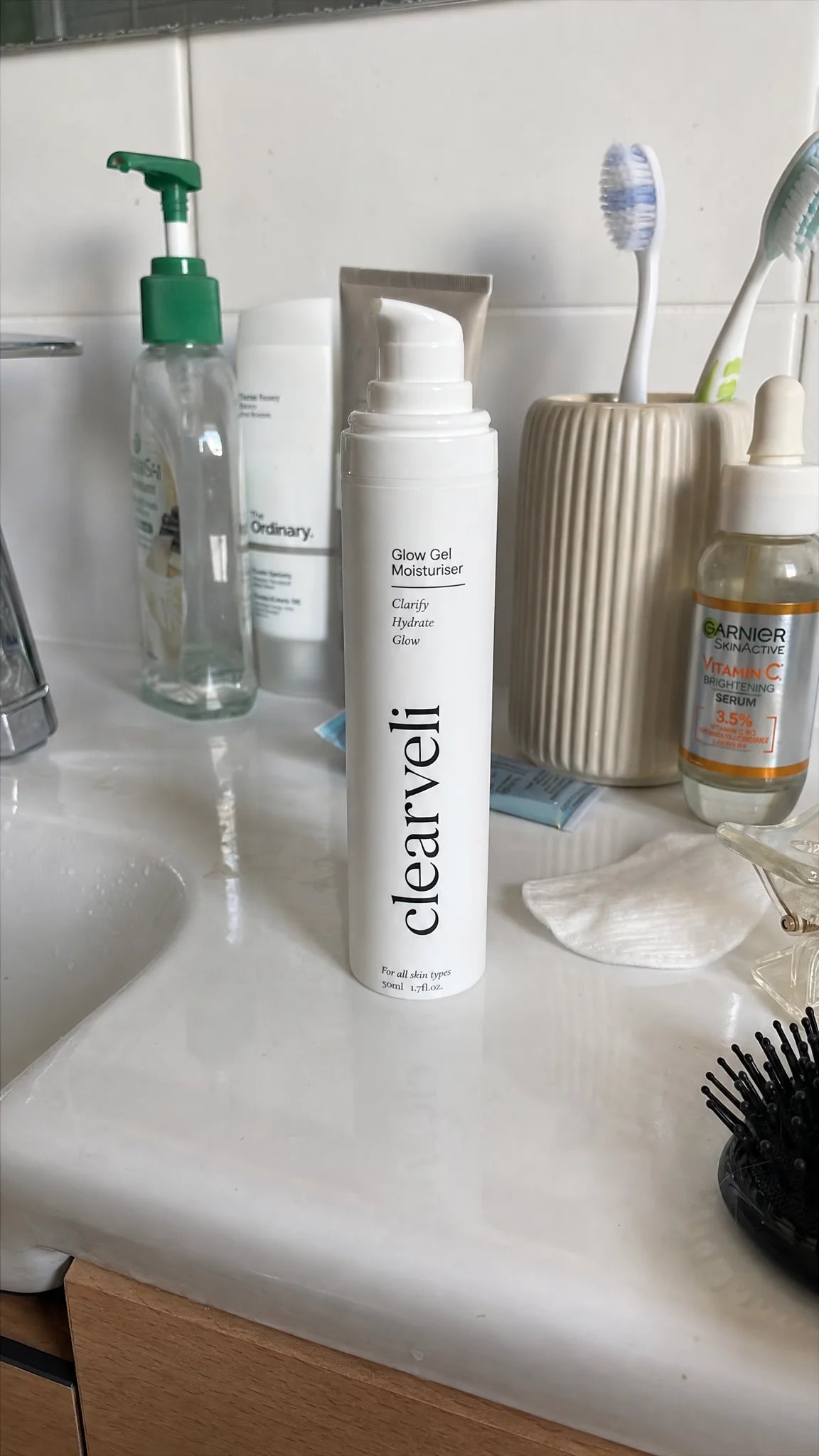 Clearveli Glow Gel Moisturiser on a bathroom vanity