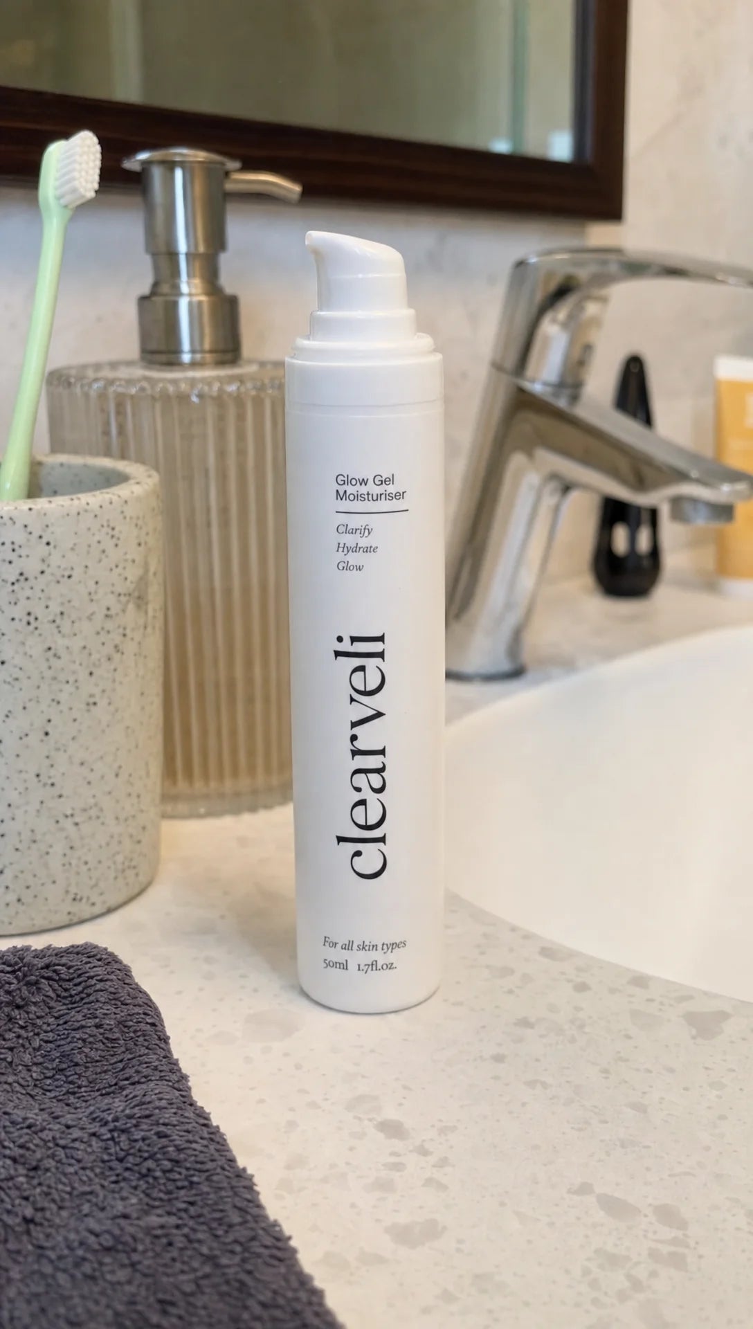 Clearveli Glow Gel Moisturiser in a bright bathroom routine
