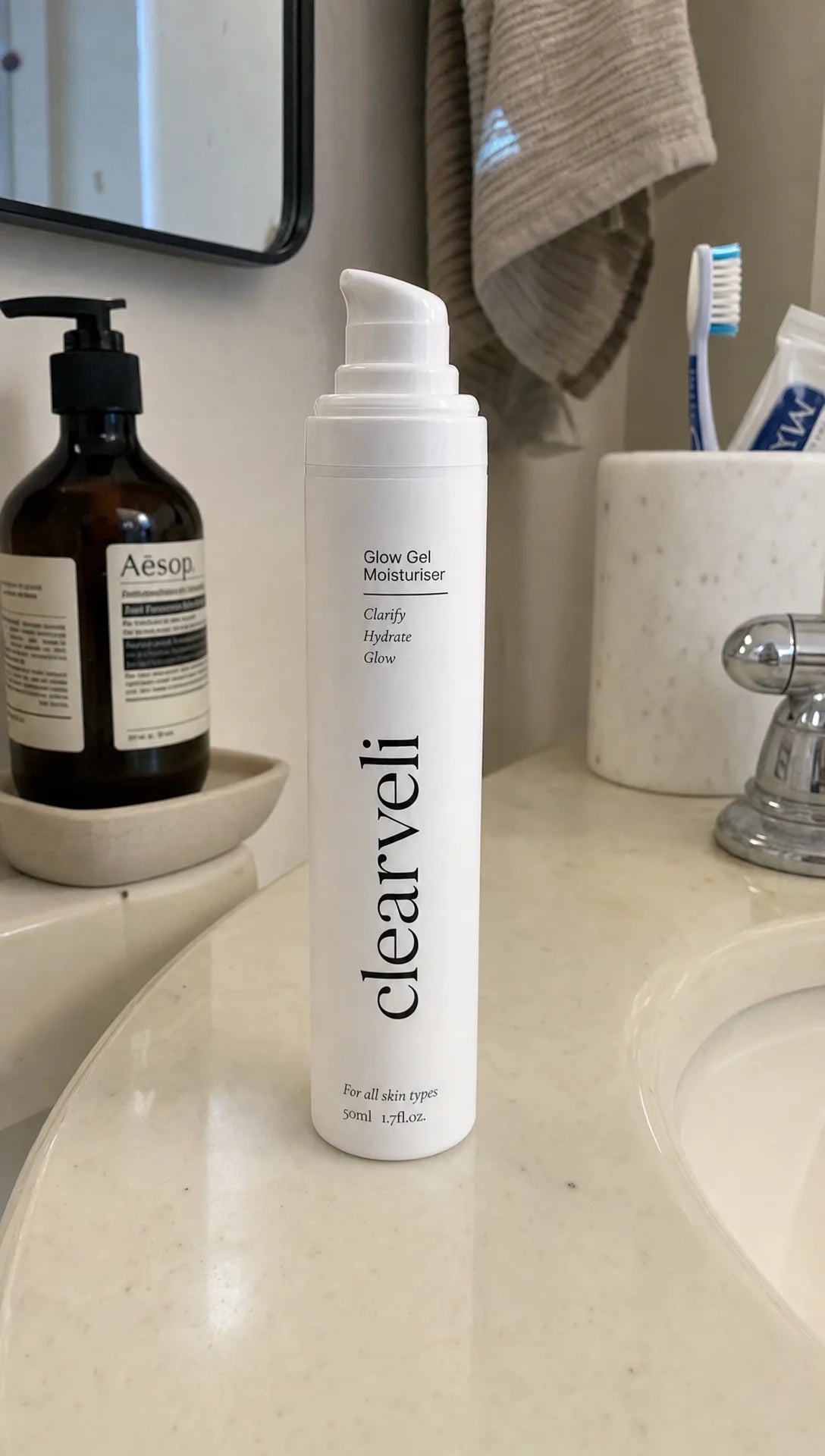 Clearveli Glow Gel Moisturiser styled in a clean bathroom scene