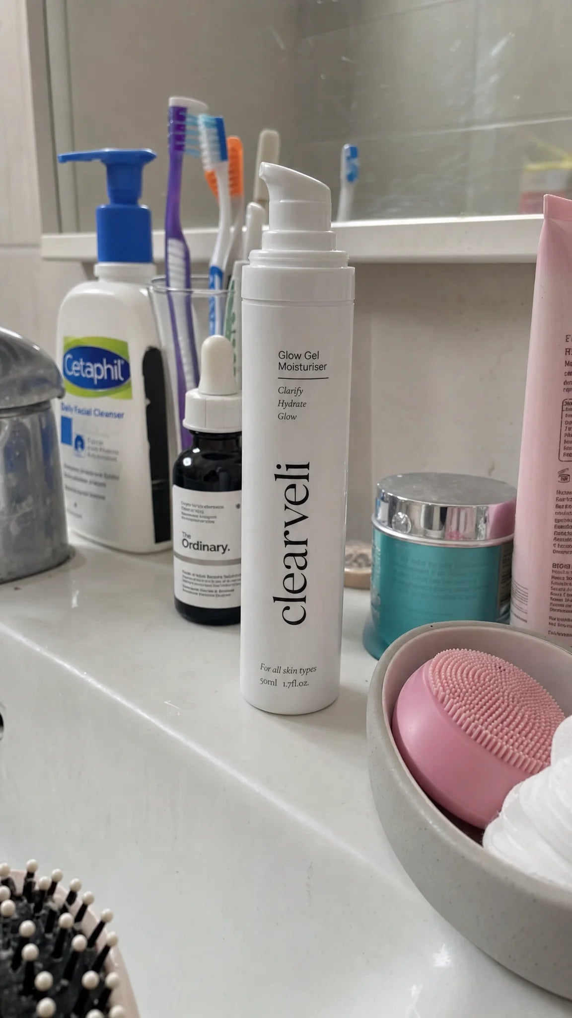 Clearveli Glow Gel Moisturiser in a lived-in bathroom setting