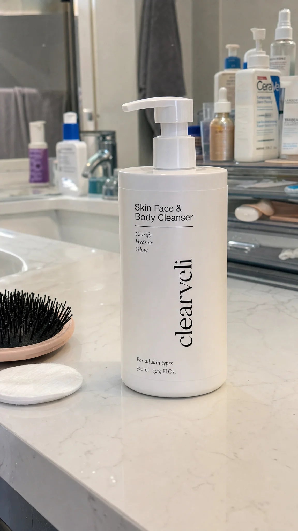 Clearveli Everyday Face Wash in a bathroom shower routine