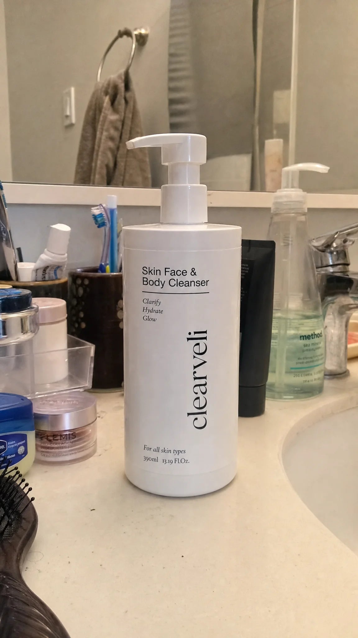Clearveli Everyday Face Wash styled in a bathroom scene