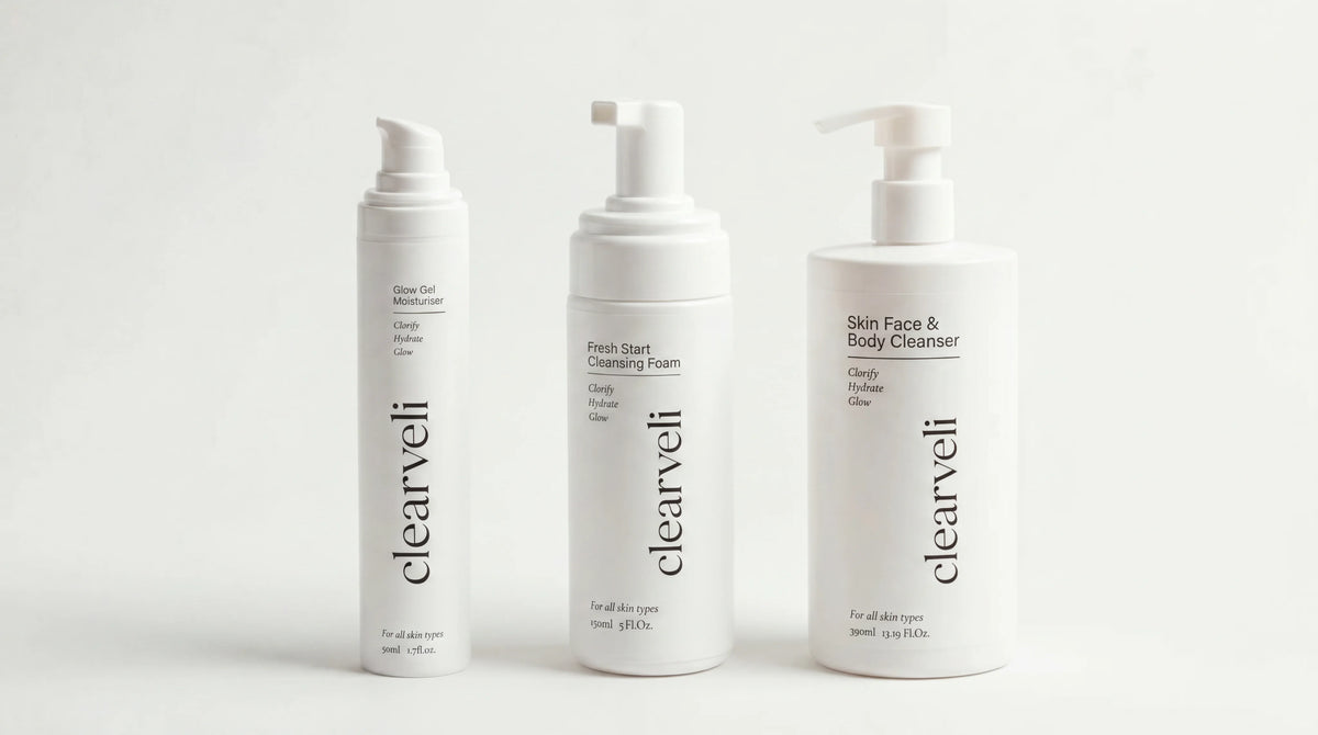 Clearveli Complete Glow Routine with Fresh Start Cleansing Foam, Glow Gel Moisturiser, and Everyday Face Wash